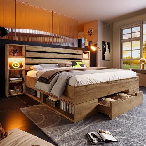 Kebnor Doppelbett, Stauraumbett mit LED-Beleuchtung und USB-C-Stauraumkopfteil und Schubladen, Holzlattenrost, Eichenfarbe (ohne Matratze) (180×200 cm)