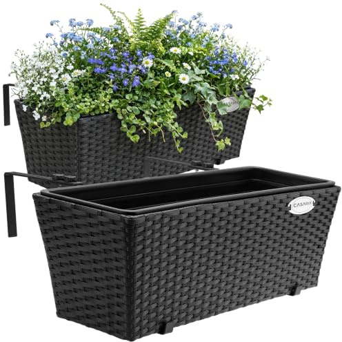 CASARIA® Blumenkasten 2er Set 11 Liter Montagehalterung Indoor Outdoor Geländerkasten Balkonkasten Pflanzkasten schwarz