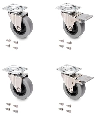 Emuca - Set aus 4 Lenkrollen für Möbel Ø50mm, 2 mit Bremse und 2 ohne Bremse, mit Anschraubplatte und Kugellager, grau Farbe