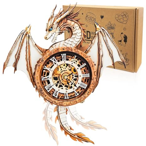 Cutywood 3D Holzpuzzle Uhr, Drachen Clock Modellbausatz, Dekorative Wand-Schreibtischuhr, Mechanisches Modell mit Pendelmechanismus, 3D Puzzle Uhren Geschenke für DIY-Liebhaber