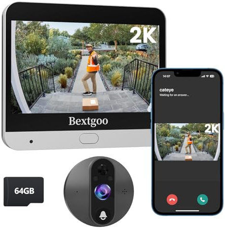 Bextgoo Türspion Kamera WLAN, Digitaler Türspion mit Türklingel, 64GB Karte | 2K, 4,3 Zoll Farbbildschirm, 8000mAh Akku, 170° Weitwinkel, KI-Erkennung, App-Alarm, 2-Wege-Videoanruf, für Wohnung Haus