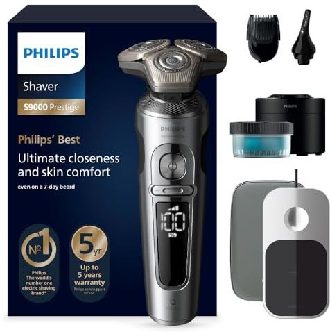PHILIPS Rasierer S9000 Prestige - Elektrischer Nass- und Trockenrasierer, glänzendes Chrom, Lift & Cut-Rasiersystem, SkinIQ-Technologie, Bartstyler, Reinigungsstation & Qi-Ladepad (Modell SP9885/35)