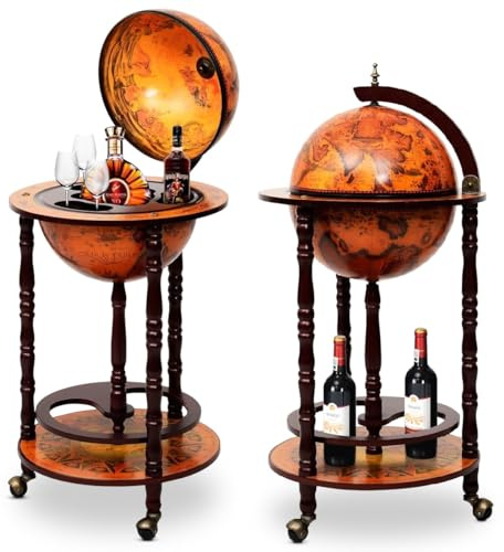 GIANTEX Globusbar mit 3 Rollen, Barwagen Weltkugel Cocktailbar mit Bodenplatte, Hausbar Minibar Tischbar Dekobar, Eukalyptusholz (braun)