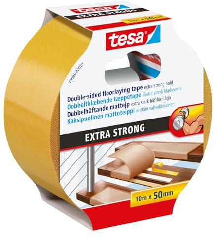 tesa Verlegeband extra stark klebend - Doppelseitiges Klebeband zum Verlegen von Teppich und PVC-Belag - doppelseitig klebend - 10 m x 50 mm