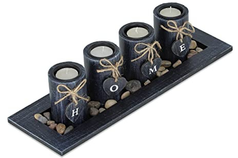 Relaxdays Teelichthalter Set mit Tablett & Steinen, 39,5 cm lang, Tischdeko Wohnzimmer, Kerzenhalter Home, schwarz