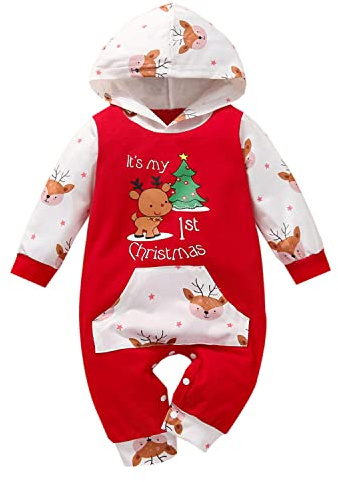 Geagodelia Baby Jungen Mädchen Strampler Overall Weihnachten Outfit Kleidung Weihnachtsoutfit Babykleidung Neugeborene Weiche Babyset My First Christmas (Rot 58 - Weihnachtsbaum, 3-6 Monate)