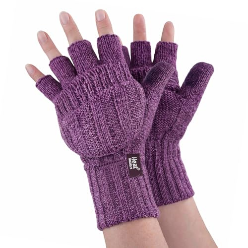 HEAT HOLDERS - Damen Thermo Fingerlose Handschuhe mit Fäustlinge Kappe | Winter Handschuhe mit Plüsch Fleecefutter (Einheitsgröße, Violett)