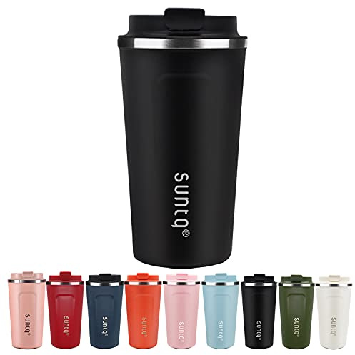 SUNTQ Kaffeebecher to go aus Edelstahl - Thermobecher Doppelwand Isoliert - Kaffeetasse mit Auslaufsicherem Deckel Wiederverwendbar (Schwarz, 510ml)