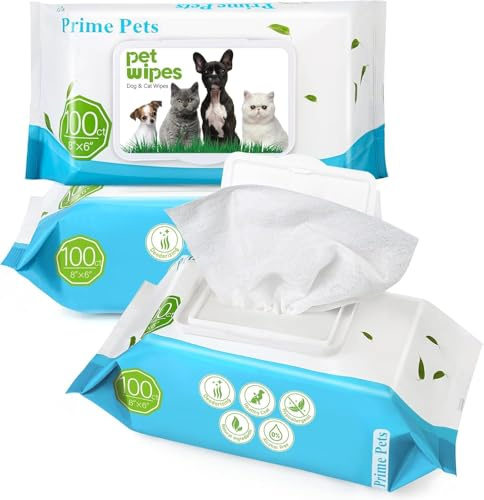 PrimePets Feuchttücher Hund, 3×100 Stück, Katzen Feuchttücher, Unparfümiert | Milde Pflegetücher für Hunde, zur Reinigung von Po, Gesichtern, Augen, Ohren, Pfoten