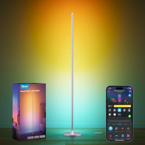 Govee RGBIC LED Stehlampe Wohnzimmer, 1000lm Stehleuchte Dimmbar, Silber | Arbeiten mit Matter & Alexa, 85 Szenenmodi, 16 Millionen Farben, DIY & Musikmodi, 136cm Ecklampe für Schlafzimmer Deko