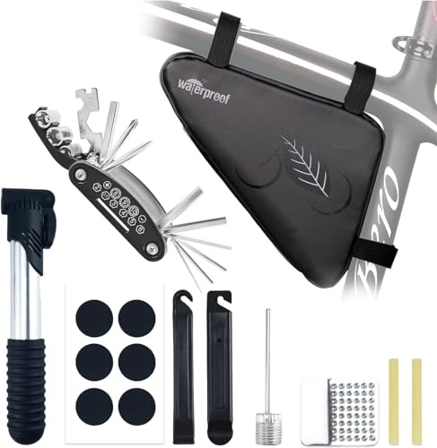 NDakter Fahrrad Reparaturset Fahrradtasche Rahmen, 2L Dreieckstasche Fahrrad Wasserdicht Rahmentasche mit Werkzegset 16-in-1 Multitools und Flickzeug Set, Fahrradpumpe, Reifenheber, Leimfreie Reifen