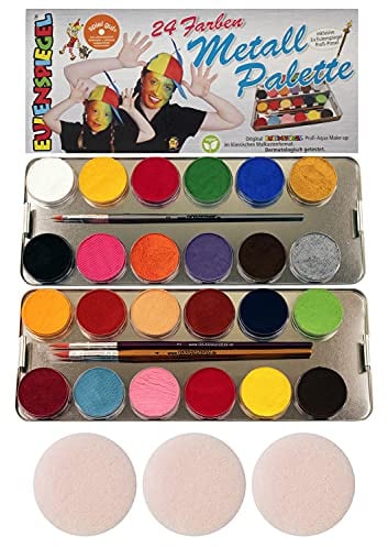 Eulenspiegel 224007 - Profi-Aqua Schminke, 24 Farben, 3 Profi-Pinsel, 3 Schwämme, Metall-Palette