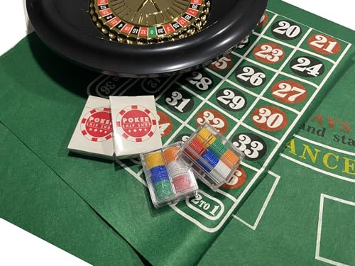 BOXED ROULETTE SET - LARGE WHEEL, FELT, RAKE,BALLS, MARKER + 50 FULL WIDTH STARTER CHIPS