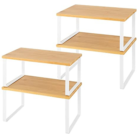 LIANTRAL Küchenschrank Organizer 4er-Set, Küchenregal, Küchen Organizer aus Metall und Bambus, Erweiterbar und Stapelbar Gewürzhalter, kleines Regal, Weiß und Naturfarben