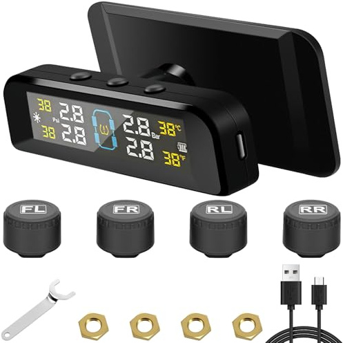 LbsAMP TPMS Reifendruckkontrollsystem mit 4 Externen Reifendrucksensor 0-6BAR Solarladung und USB-Ladefunktion Reifendruckkontrollsystem Echtzeitüberwachung mit Warnton für Auto Wohnmobil Anhänger