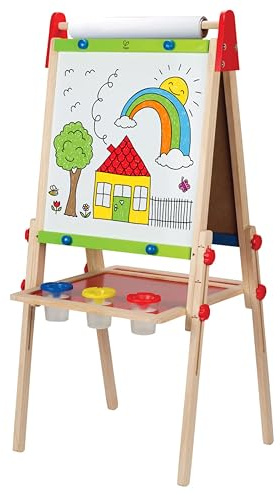 Hape Kinder Spiel-Tafel - aus Holz, doppelseitige Kindertafel höhenverstellbar mit Papierrolle, Kreidetafel, Whiteboard, Magnete und 3 Malschüsselchen, Kreatives Malspielzeug, für Kinder ab 3 Jahren