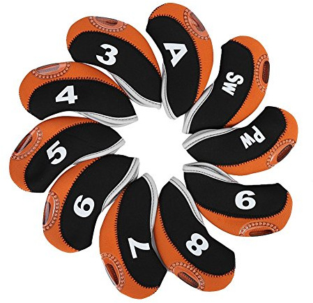 Alomejor 10 St¨¹ck/Set Eisenkopfabdeckungen mit Rei?verschluss, Zahlendruck, Putter-Set, Schutzh¨¹lle, wasserdicht, Schl?gerhauben aus Eisen, 3 Farben (Schwarz und Orange)