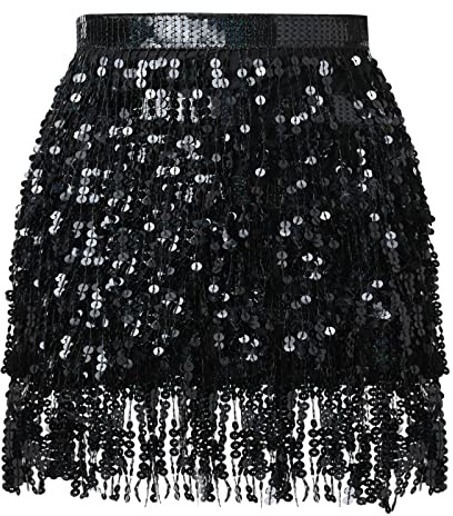 Soudittur Quasten Paillettenrock Damen Glitzer Rock Damen Steampunk Quastenrock Bauchtanz Hüftschal Karneval Fransen Rave Outfit Kostüm Schwarz