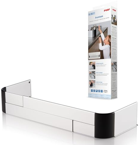 reer Herdschutzgitter PREMIUM | ausziehbar: 44-65 cm | spülmaschinengeeignetes Herdgitter | Herdsicherung ohne Bohren | Kinder Herdschutz | Kindersicherung, Ceranfeld & Induktion