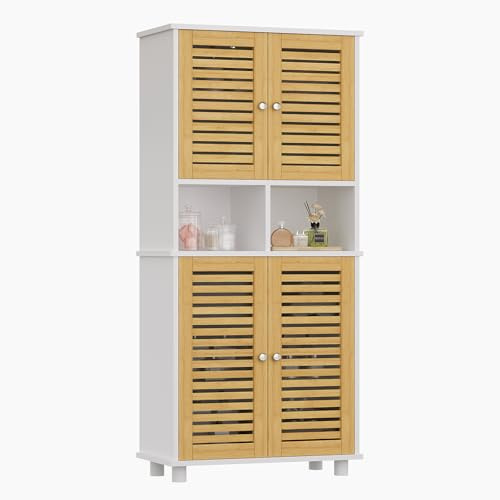 FORABAMB Badezimmerschrank, Badschrank Hochschrank mit 4 Bambustüren & 3 offenen Fächern, Verstellbare Ablagen, für Bad, Küche, Wohnzimmer, Platzsparender Badezimmer Hochschrank, 60x30x128 cm, Weiß