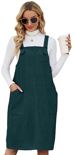 Flygo Damen Cordpullover Overall Latzhose Midikleid Rock mit Taschen | Ärmellos, quadratischer Ausschnitt, verstellbare Träger, knielang, Rückenschlitz, 5 Taschen, lockere Passform