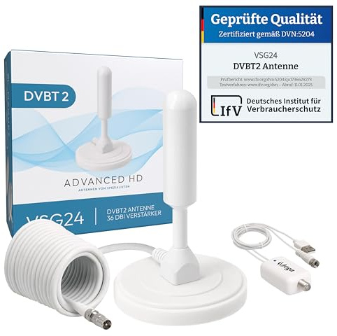 VSG24 DVBT2 Antenne mit Verstärker 36Dbi+ HDTV Zimmerantenne für Fernseher, max. Signalqualität durch ALU-Kern, 5m Kabel DVB-T2 Antenne Fernseher freenet tv innen außen