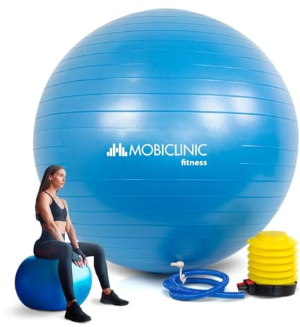 Mobiclinic, Gymnastikball, Ball für Fitness, Sport, Übungsball, Europäische Marke, Inklusive aufblasvorrichtung, Py-01, 58 cm, rutschfest, Stichfest, Abwaschbar, Training, Farbe blau
