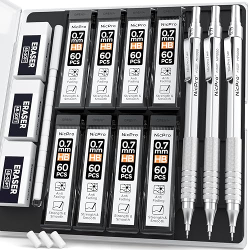 Nicpro 3 Stücke 0,7 mm Druckbleistifte Set mit Etui, Automatische Metall Mechanische Stifte, 6 Dosen HB Bleistiftminen, 3 Radiergummis für Schreiben, Engineering Zeichnen, Skizzieren