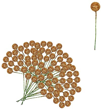 100 Stück künstliche goldfarbene Stechpalmenbeeren,Paillettenbesetzt Gold Holly Beeren Mini Weihnachtsbeere Künstliche Stechpalme für Weihnachten Kranz Décor Kranz Machen,Christbaumschmuck Décor