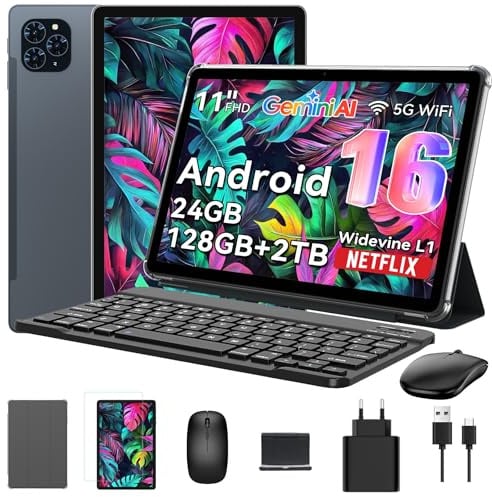 TABWEE Tablet 11 Zoll Android 16 mit Stift und Tastatur, Gemini AI 3.0, 24GB RAM + 128GB ROM (2TB TF), FHD IPS 120Hz Display, 8000mAh Akku, 13MP Kamera, 5G WiFi/BT 5.0, PC-Modus für Studium & Arbeit