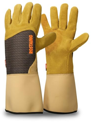 ROSTAING Dornenfeste Lederhandschuhe Dornen Rosen Garten EN 388 | Lederhandschuh 1,2 mm, EN 388:4143X. SkinSoft-Stulpe 15 cm gegen Kratzer. Ideal zum Schneiden von Dornengestrüpp.