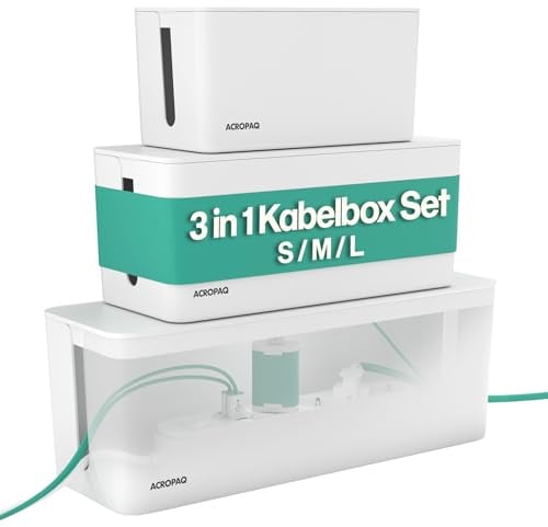 ACROPAQ Kabelbox - 3-in-1 Set, Groß (40,6 x 15,6 x 13,4 cm), Mittel (32 x 13,2 x 12,7 cm), Klein (23,5 x 12 x 11,5 cm), Kunststoff, Weiß - Kabelmanagement Box, Kabel Box, Kabelaufbewahrung, Cable Box