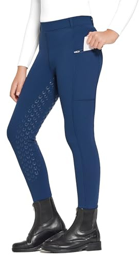 FitsT4 Sports WinterReithose Kinder Winter Reitleggings Mädchen Silikon Vollbesatz Thermo Reithose mit Handytasche und Taschen,Militärblau,XS