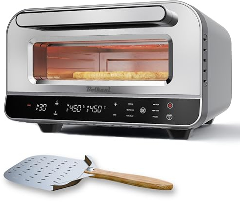 Bolkani Pizzaofen Elektrisch 450 Grad mit Pizzastein | Profi Steinofen Pizza Ofen für Zuhause Indoor | Timer Ober Unterhitze 80-450°C Sichtfenster Innenbeleuchtung Tischpizzaofen Edelstahl
