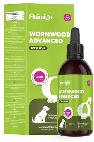 Animigo Wermut Tropfen für Hunde – Pflanzliche Wurmkur Alternative für Hunde mit Wermut & Schwarzkümmel – Natürliche Darmhygiene & Verdauungspflege – Ohne Knoblauch, Für alle Rassen – 120ml