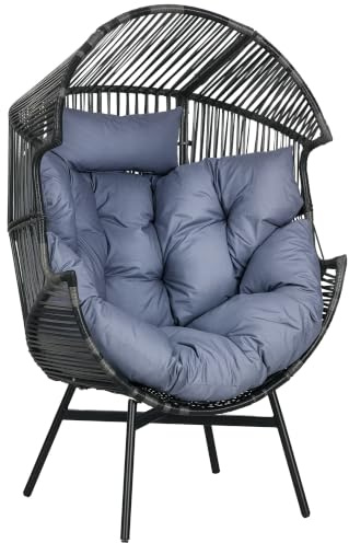 Outsunny Rattansessel Rattan Korbsessel mit Dickem Sitzkissen 120 kg Grau | Gartensessel in Eiform, für Terrasse, Garten Outdoor