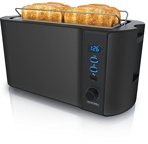 Arendo - Edelstahl Toaster Langschlitz 4 Scheiben - Defrost Funktion - wärmeisolierendes Gehäuse - mit integriertem Brötchenaufsatz - Krümelschublade - Display mit Restzeitanzeige - Schwarz Matt