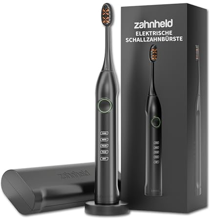 Zahnheld Gero G3 elektrische Schallzahnbürste zur Zahnreinigung & Zahnpflege - elektrische Zahnbürste inkl. Bürstenkopf & Reiseetui - lange Akkulaufzeit, 5 Putzmodi, Andrucksensor & Timer - schwarz