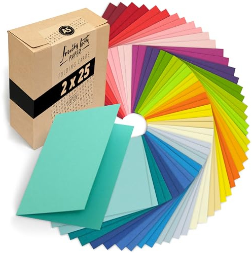 Japun - 50 farbige blanko Falt-Karten (2 x 25 Farben), Klapp-Karten zum gestalten, beschriften oder bedrucken - DIN A5-230 g/m² - bunt