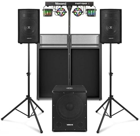 Vonyx Komplettes DJ Setup – 800W Set - Aktivlautsprechern, Subwoofer, Partybar & Booth | Bluetooth Soundanlage - Lichteffekt & Stehpult Tisch – Komplettpaket für DJs, Events & Partys