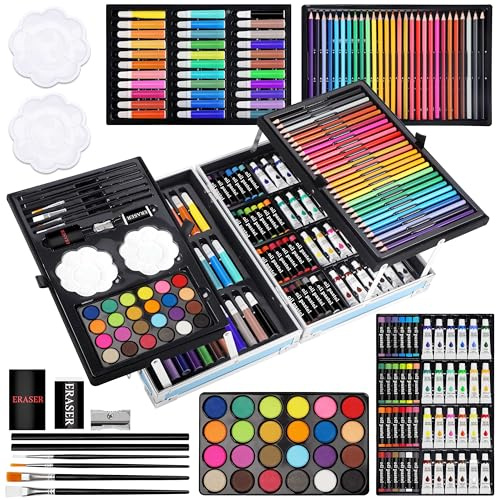 Halobios Kunstset, 144-teiliges Deluxe-Malset im Aluminium-Kunstkoffer mit Aquarellstiften, Buntstiften, Farben, Ölpastellen, Mal- und Zeichenbedarf, Geschenk für Künstler und Erwachsene