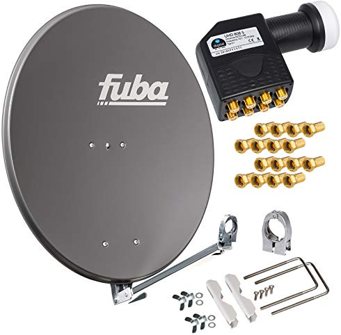HB-DIGITAL hb-digita & Fuba 80cm Satellitenantenne DAL 800A anthrazit Aluminium Schüssel Reflektor Spiegel Klapparm octo LNB 8 Teilnehmer UHD schwarz + vergoldete F-Stecker