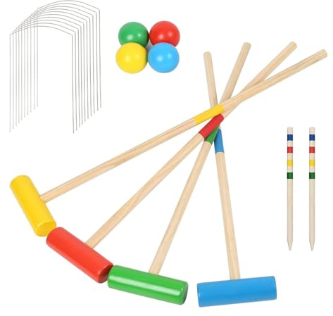 Fiqops Krocket Spiel 2-4 Spieler Croquet Set Krocketspiel Kinder Erwachsene Holzspielzeug Outdoor Familie Gartenspiel Geschicklichkeitsspiel