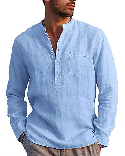 LVCBL Hemd Herren Langarm Henley Sommerhemd Herren Freizeithemd Leinenhemd Regular Fit Men Shirts