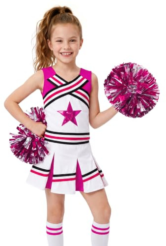 LOLANTA Mädchen Karneval Kostüm, Cheerleader kleid mit Pompoms und Socken, Mittelschule Cheerleading Uniform, 4-13 Jahre