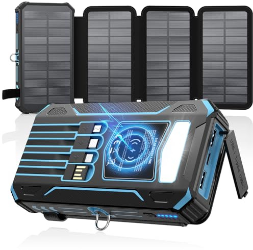 SOARAISE Wireless Solar Powerbank 27000mAh - Tragbare Solar Ladegerät mit 4 Kabel und 4 Solarpanels - 15W Schnellladung Externer Akku Power Bank mit Taschenlampe für Outdoor Camping (Blau)