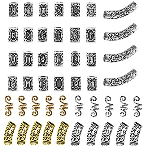 Pamtns 48 Stücke Bartperle Wikinger Bart Perlen Wikinger Rune Bart Perlen Antike Nordische Haarschlauch Perlen Dreadlocks Perlen Flechten Runenperlen für Haar Flecht