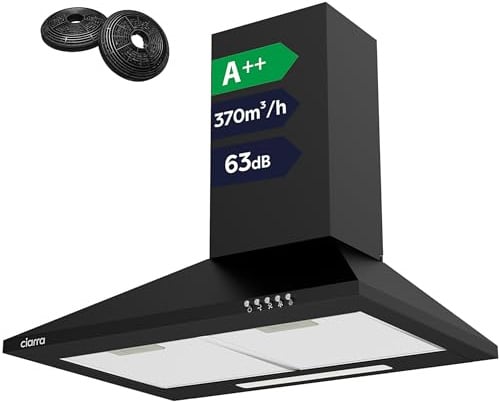 CIARRA CBCB6201 A++ Dunstabzugshaube 60cm Umluft 370m³/h Umlufthaube Pyramide Wandhaube Abluft mit CBCF002X2 Aktivkohlefilter 3 Leistungsstufen Wandmontage Abzugshaube Schwarz