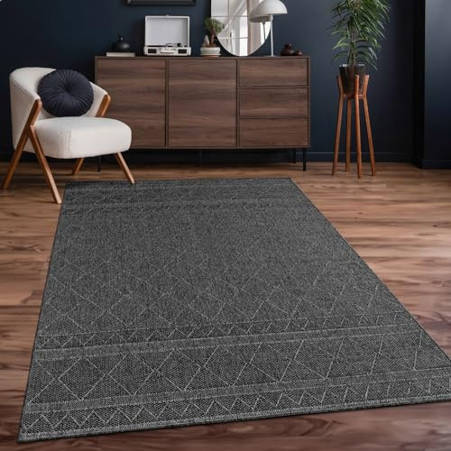 TT Home In-& Outdoor Teppich Wetterfest Balkon Küche Wohnzimmerteppich Boho Geometrisches Design Rauten Modern, Farbe: Dunkelgrau 2, Größe:80x150 cm