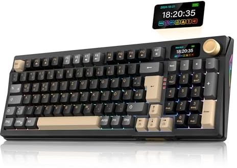 RedThunder K95 Kabellose Mechanische Gaming-Tastatur mit 1,88” Display & Knopf, QWERTZ 96 Tasten, Gasket, BT/USB-C/2,4GHz, Software, Hot-swap, Linear-Pink-Schalter, RGB, PBT-Tastenkappen, 8000mAh.